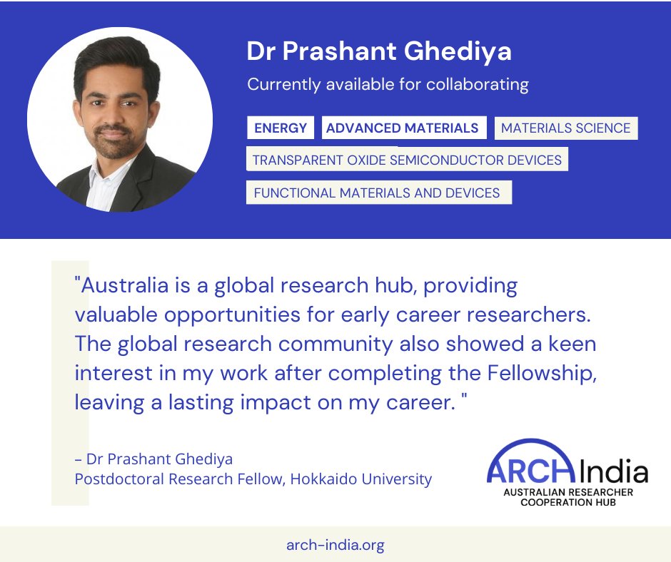 🌏✈️ Dr. Prashant Ghediya received the prestigious Chennupati and Vidya Jagadish Visiting Scholarship and Fellowship Awards in 2017, taking him to @PhysicsANU. Here, he reflects on the lasting impact this experience had on his work. arch-india.org/news-events/24…🔬 #ResearcherSpotlight