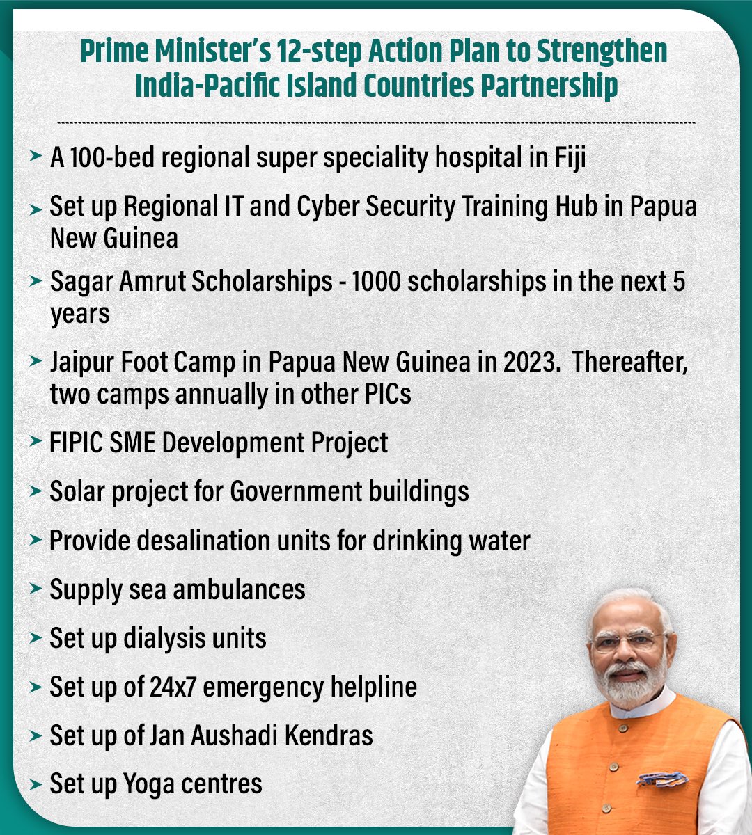 GetUpdates__'s tweet photo. India announces a 12 step action plan to strengthen ties with Pacific, including setting up of 100 bed hospital in Fiji,  Jaipur foot camp in Papua New Guinea, sea ambulances, dialysis units. Announcement by MEA https://t.co/Oz4yVKLAe0