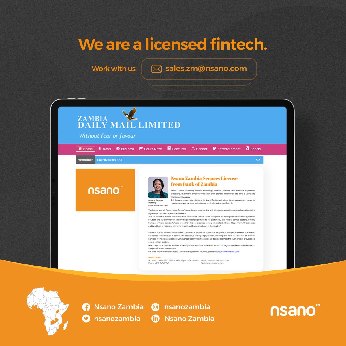 nsanozambia's tweet photo. Your trust is our biggest asset! We are proud to announce that we are licensed by the Bank of Zambia.
#TrustedPartner #BankingRegulation #FinancialInclusion #NsanoZambia #PaymentAggregation #Fintech https://t.co/Mr0BKoL5tJ
