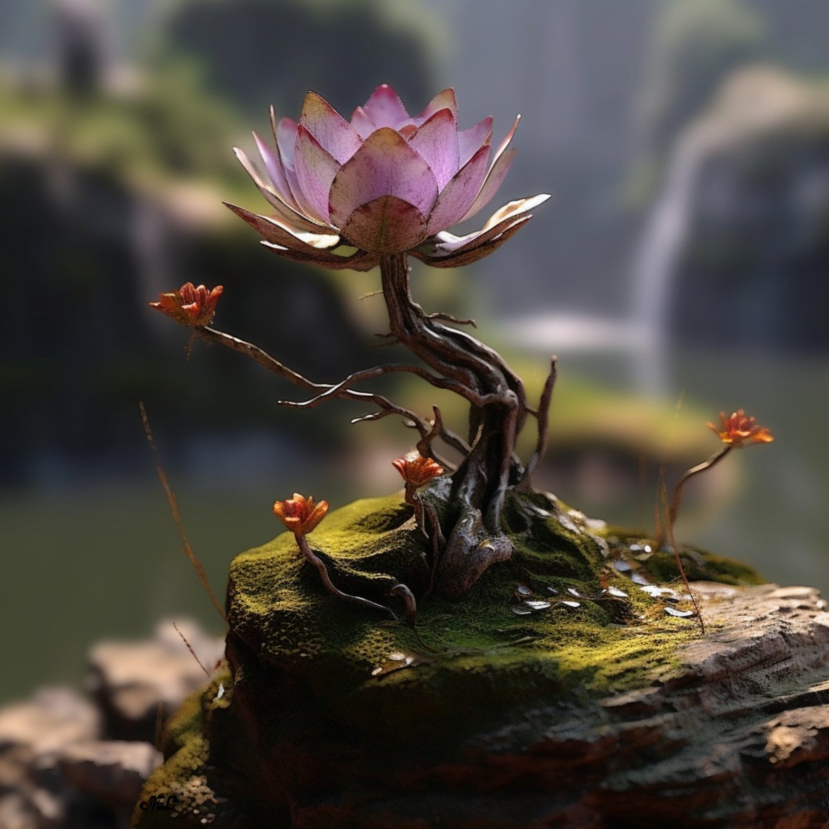 In the quiet heights, a lavender lotus blooms, its beauty etched in high detail against the mossy rock. 

A dance of color and life. 🌸🪨
 #AIart  #FloralArtistry