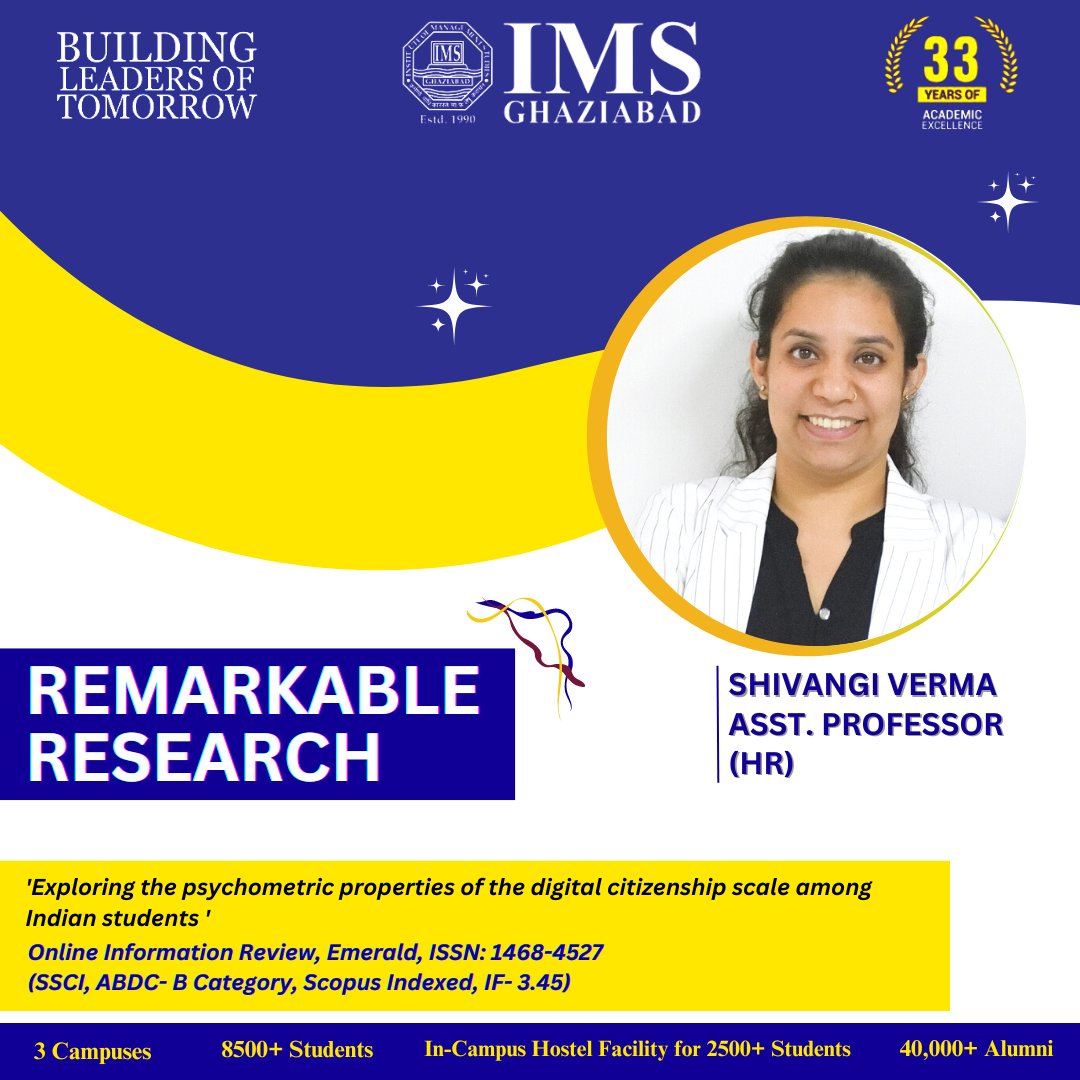 IMSGhaziabad's tweet photo. Institute of Management Studies (IMS) Ghaziabad - Business School congratulates Shivangi Verma for publishing her research paper with Online Information Review, Emerald.
Her work can be accessed at: https://t.co/9OtxgANJts
#RemarkableResearch
#CelebratingHeroes
#We_Are_IMSIAN https://t.co/s6EVrrwPvD