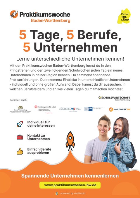 📢Mit den #Praktikumswochen Baden-Württemberg können SchülerInnen ab 15 Jahren in nur 5 Tagen 5 verschiedene Unternehmen und Berufe in ihrer Nähe kennenlernen. 
Jetzt noch registrieren! 
➡️praktikumswochen-bw.de