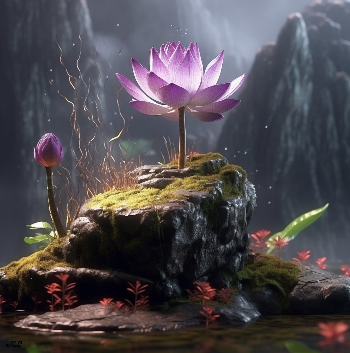 KlatuBaradaNiko's tweet photo. Elevated Elegance: A lavender lotus in full bloom, perched on a mossy rock, paints a picture of serene beauty. ๐ธ๐ชจ
#aiArt #LotusInBloom https://t.co/MUgX959xnK