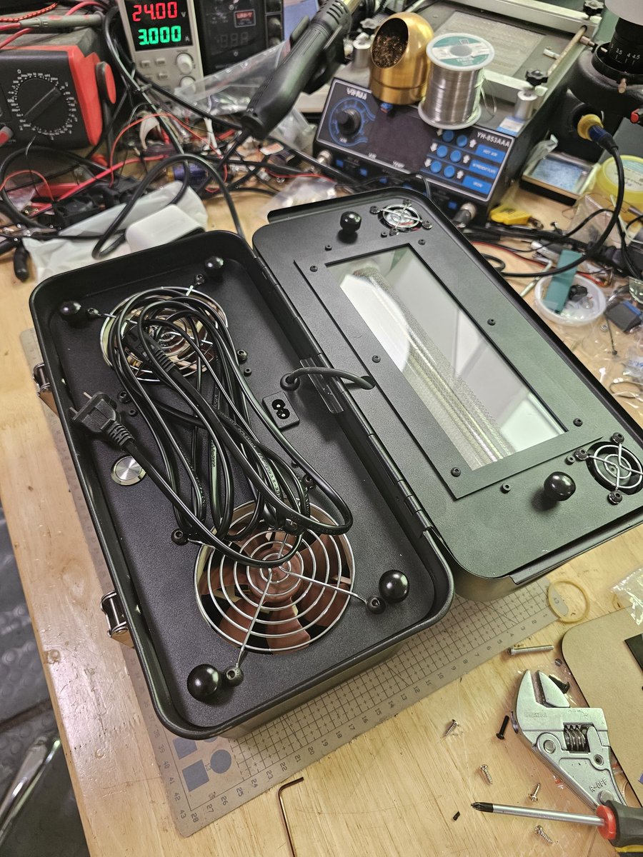 Latest version of my Far-UVC Lunch Box. Filtered 60w emitter is designed to sit on the floor against a wall and bounce off the ceiling. Fans are silent <a href="/Noctua_at/">Noctua</a> and set up in push/pull configuration for air mixing in the beam path and to cool the battery and emitter. 
So far my