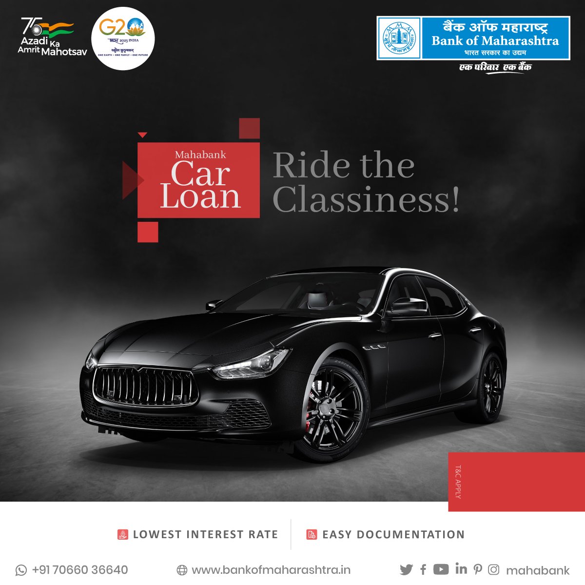 mahabank's tweet photo. Drive home your dream luxurious car with the hassle-free car loan from #BankofMaharashtra. Experience the epitome of style and sophistication on the roads with #Mahabank #CarLoan.
Click to know more: https://t.co/AQZMQOUPaf
#DreamCar #EasyApproval #AutoLoan #LowAPR #CarFinance https://t.co/gkjOYsvOBH