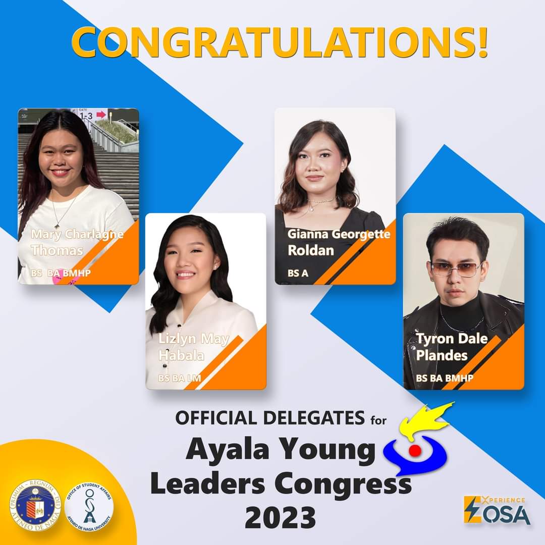 ADNU_Official's tweet photo. Congratulations to our four student leaders for being selected as delegates for the Ayala Young Leaders Congress (AYLC) 2023!
Good luck! #KudosAtenista #AYLC2023
#AdnuOSA #ExperienceOSA https://t.co/LEINT6nDVB