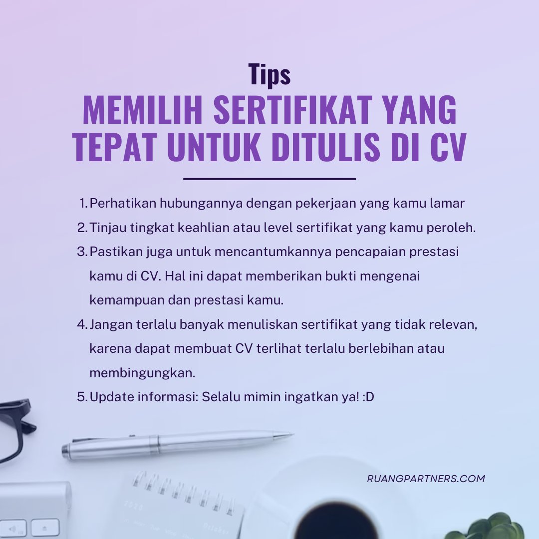 Sertifikat yang tepat adalah langkah penting untuk mengembangkan keterampilan dan meningkatkan peluang dalam karier. Jadi semua CV yang kamu punya, harus mulai di pilih-pilih lagi, supaya daya tarik CV nya semakin turun dan bukan semakin turun.

#freshgraduate #rekruiter #careers