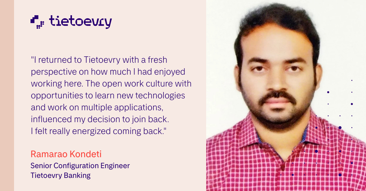 Employees returning speak volumes about a company’s nurturing work environment. Ramarao felt happy returning to &lt;a href=&quot;https://twitter.com/hashtag/Tietoevry?src=hash&quot; target=&quot;_blank&quot;>#Tietoevry&lt;/a> where he found an open environment &amp;amp; multiple opportunities to learn &amp;amp; grow. Welcome back, Ramarao!
Read more &lt;a href=&quot;https://twitter.com/hashtag/Comebackers?src=hash&quot; target=&quot;_blank&quot;>#Comebackers&lt;/a> stories: &lt;a href=&quot;https://t.co/lIVNjYdP46&quot; target=&quot;_blank&quot;>bit.ly/3CtlehT&lt;/a> https://t.co/1Wh0bDjHKA