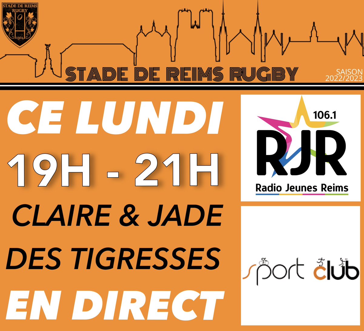 stadereimsrugby's tweet image. 🟠⚫️  Ce lundi 19h-21h

➡️ Claire &amp;amp; Jade des Tigresses du Stade de Reims Rugby 

👉🏻 En direct dans l’Emission Sport Club sur RJR