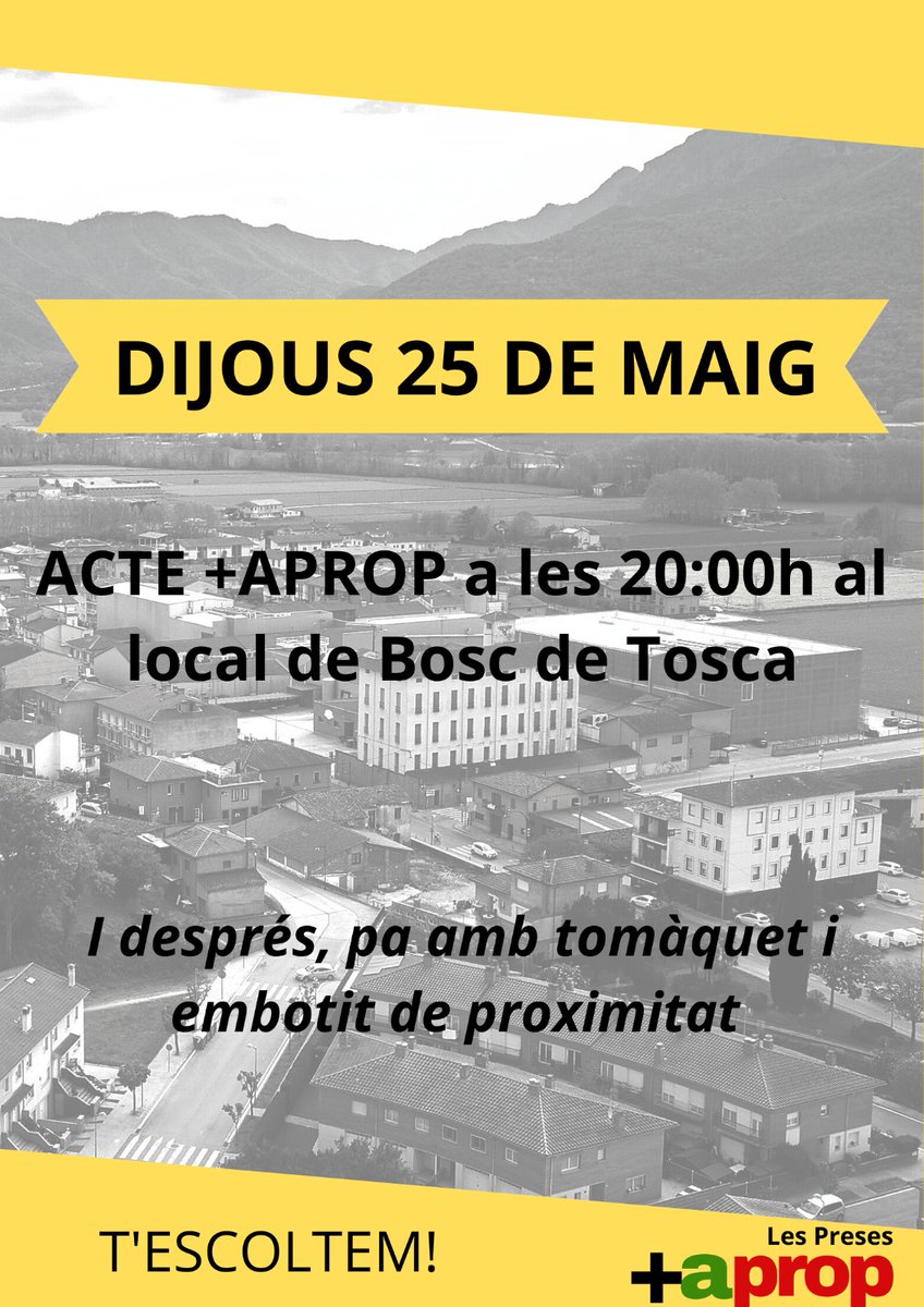 LPmesaprop's tweet photo. Aquest DIJOUS 25 DE MAIG a les 20:00h, t'esperem al local de BOSC DE TOSCA per explicar la nostra proposta electoral. I us volem escoltar a tots i a totes!
I després, pa amb tomàquet i embotit.

Amb la veu de tothom, teixirem el futur del poble!🫵

#lespreses 
#futurdelpoble https://t.co/hqtXGzxHFC