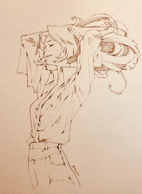 お昼にペン入れ