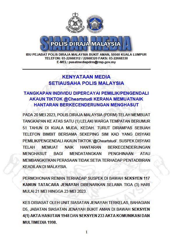 PDRMsia's tweet photo. KENYATAAN MEDIA SETIAUSAHA POLIS MALAYSIA

Tangkapan Individu Dipercayai Pemilik/Pengendali Akaun Tiktok @Cheartstudi Kerana Memuat Naik Hantaran Berkecenderungan Menghasut. https://t.co/IE9fZsOeS1