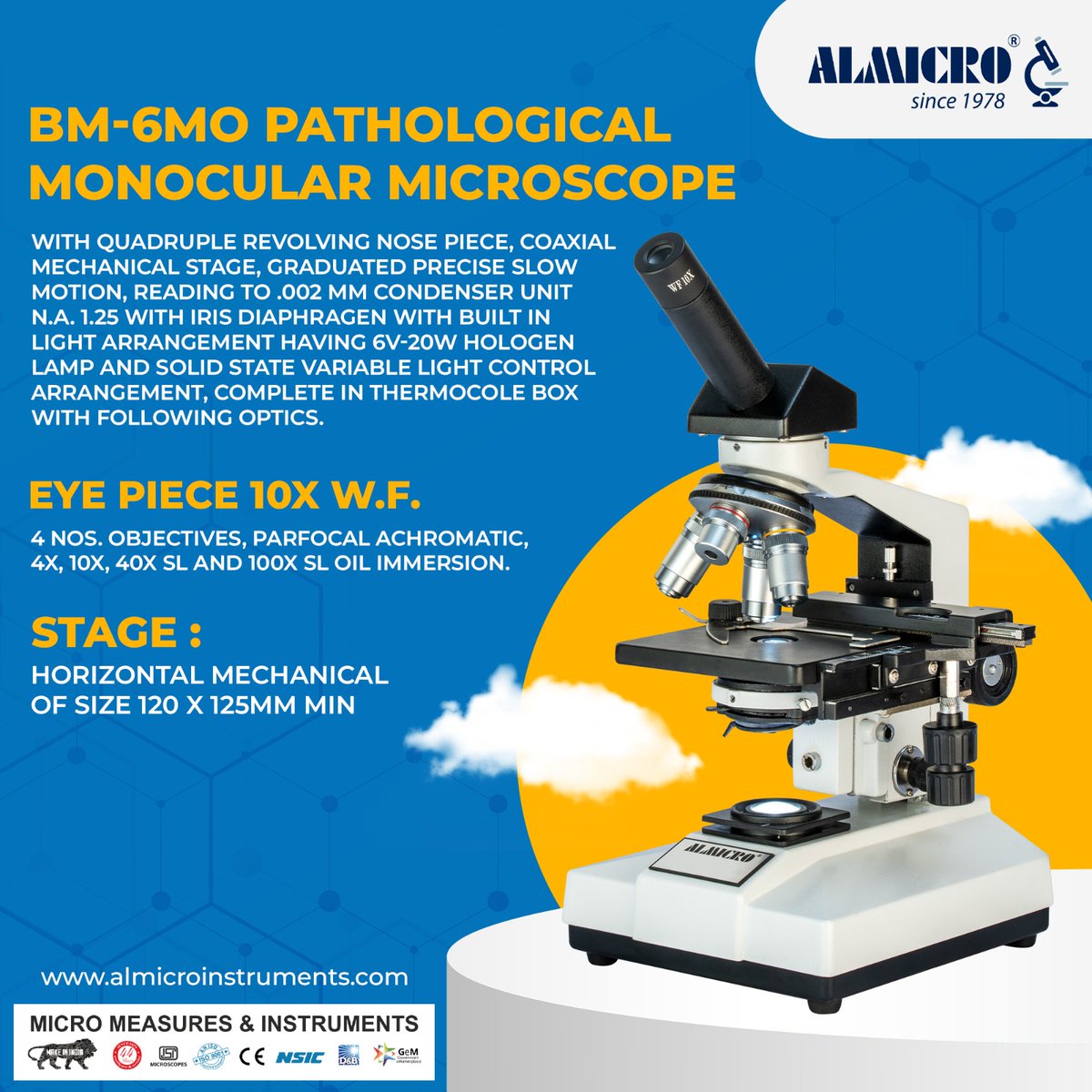 MeasuresMicro's tweet photo. Research Monocular Microscope (BM – 6mo) ⫸ Pathological Monocular Microscope ISI Marked to IS:4381 /1967 equipped with: One 10X Wide Field Eyepiece.
📧 sales@almicroinstruments.com
📞 Mr. Mohit : +91 97296-65226
#microscopes #microscopeview #microscopeslides #BM6MO https://t.co/86h40Yo9ny