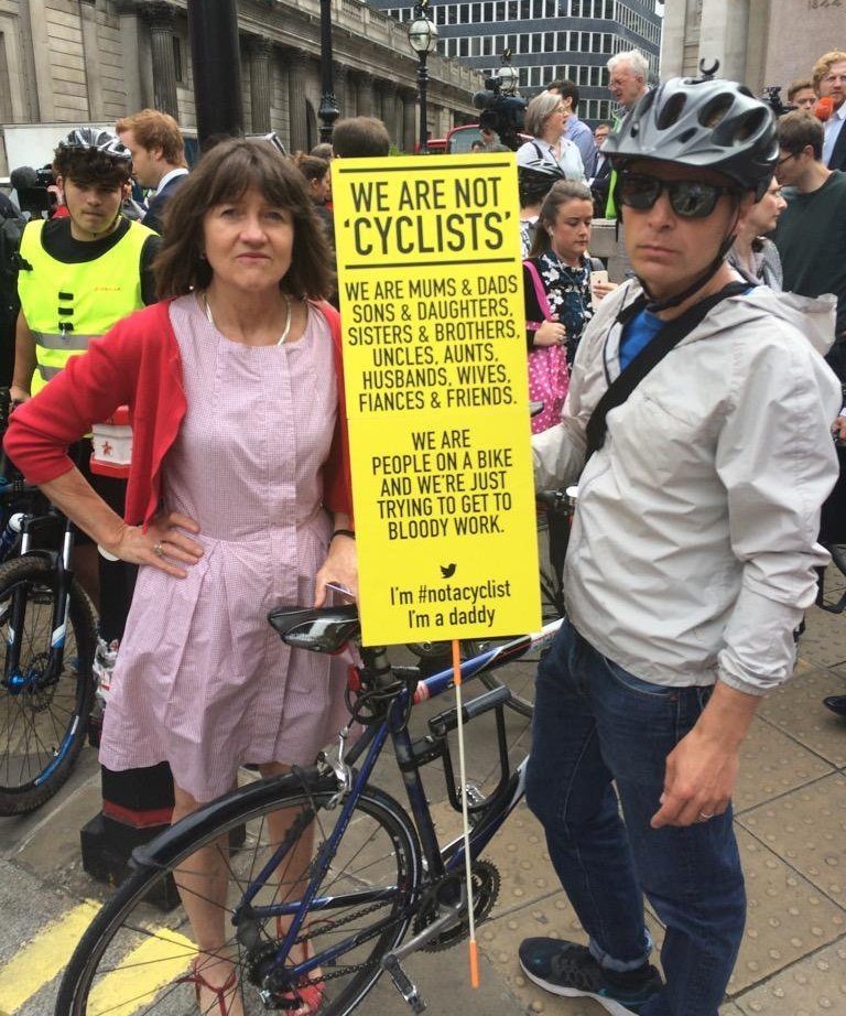 GeorgeWeeks2014's tweet photo. The #UnRealCyclist tag reminds of this @London_Cycling poster.

"We are not 'cyclists'. We are mums &amp; dads, sons &amp; daughters, sisters &amp; brothers, uncles, aunts, husbands, wives, fiancés &amp; friends.

We are people on a bike &amp; we're just trying to get to bloody work."
#NotACyclist https://t.co/n5jh0ESJAY