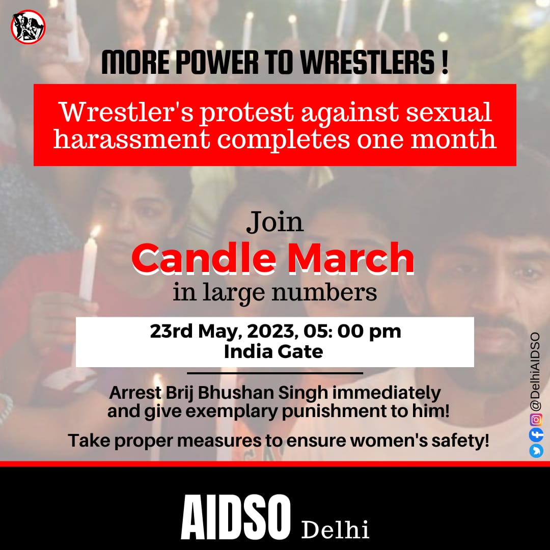 Join the candle march in large numbers 
<a href="/BajrangPunia/">Bajrang Punia 🇮🇳</a> <a href="/Phogat_Vinesh/">Vinesh Phogat</a> <a href="/SakshiMalik/">Sakshee Malikkh</a> 

#WrestlersProtest 
#IStandWithMyChampions 
#StandWithWrestlers 
#AIDSO