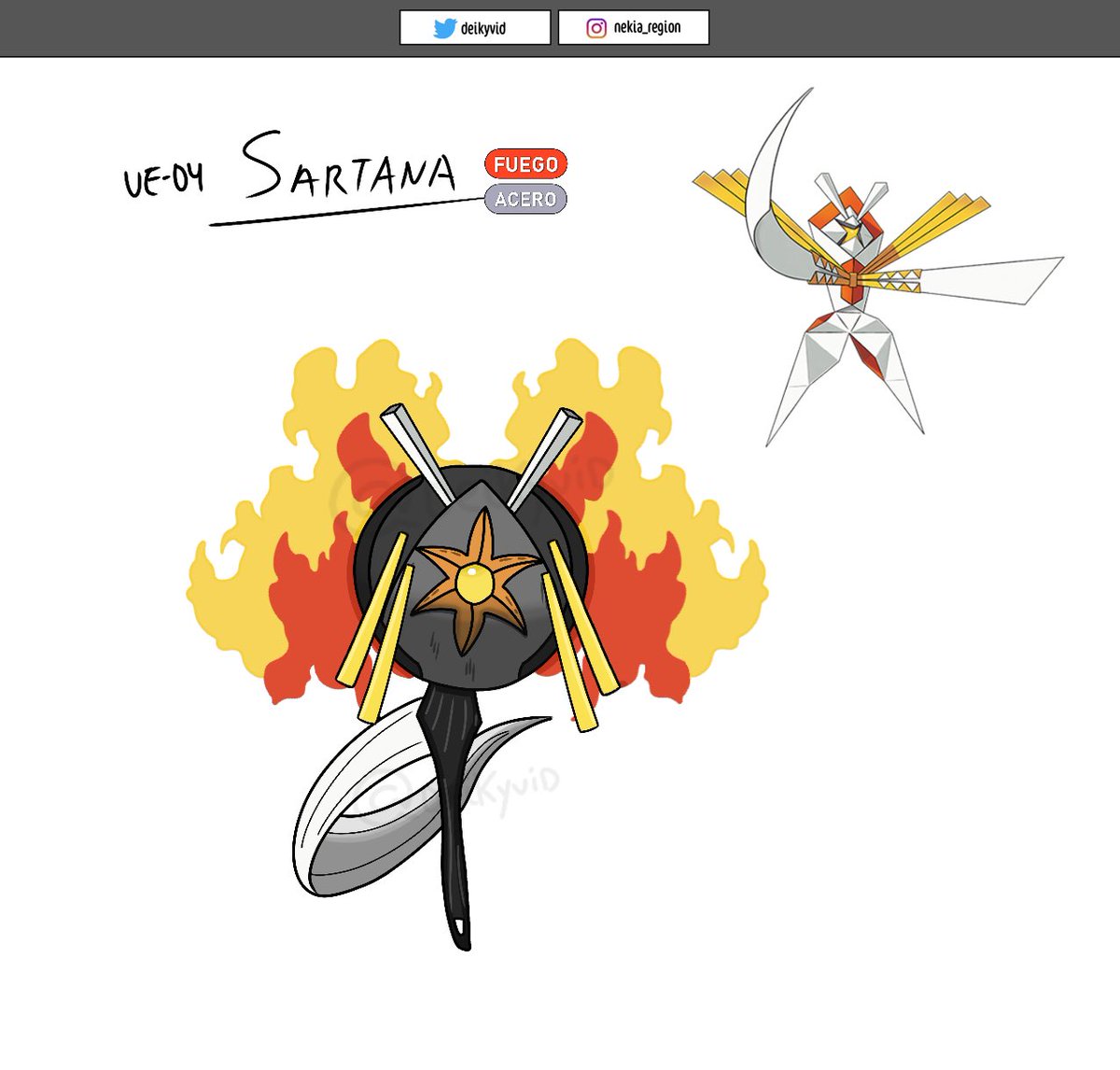 deikray's tweet photo. @MrDjWalnut “With its gleaming metallic body and handles shaped like blazing flames, Sartana, the UB Pokémon, can generate and control heat at will. Its fire attacks are as powerful as the culinary passion of an expert chef” #pokemon #fakemon #fakemonday #drawing #fanart https://t.co/TrQAxJYKJf
