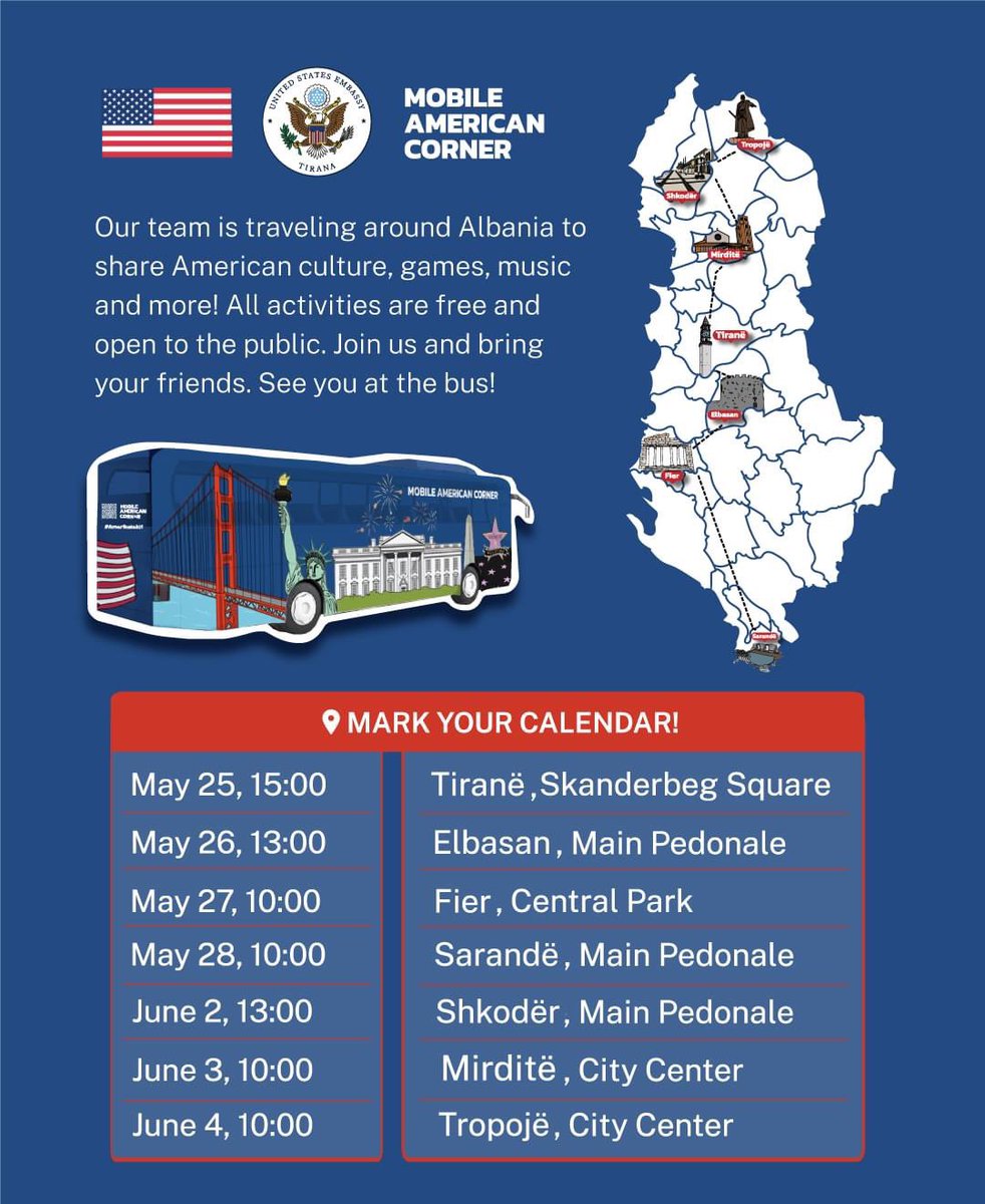 Bëhuni gati të përjetoni emocionet e Këndit Amerikan Lëvizës ndërsa udhëtojmë në të gjithë Shqipërinë për të ndarë kulturën, arsimin dhe teknologjinë amerikane. 

📌Tiranë, Elbasan, Fier, Sarandë, Shkodër, Mirditë dhe Tropojë. Shihni kalendarin &amp;bashkohuni me ne në këtë udhëtim👇