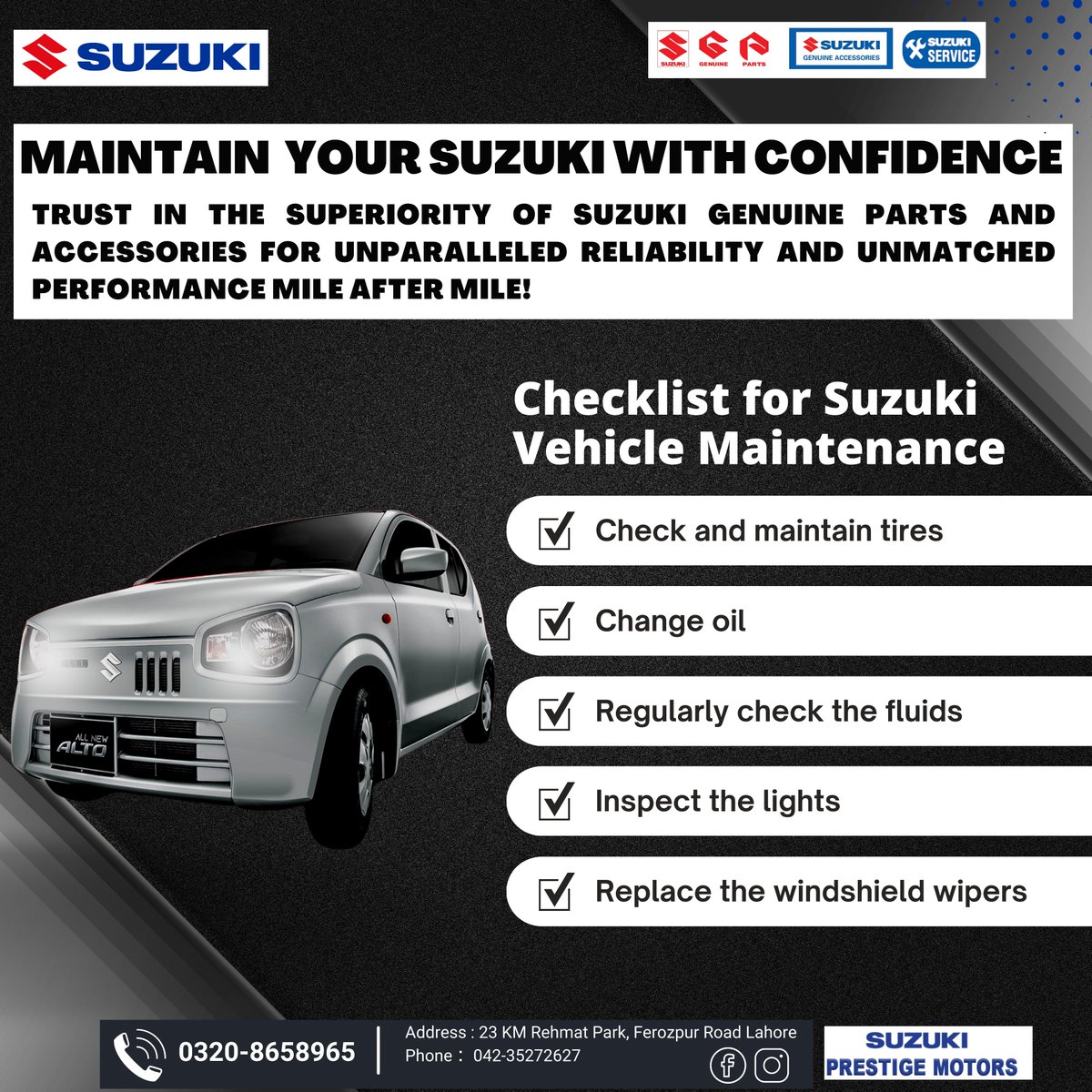 SuzukiPrestige's tweet image. Maintain Your Suzuki With confidence
Experience the thrill of Suzuki&apos;s finest vehicles, genuine parts, and exceptional services at Suzuki Prestige Motors. Elevate your driving experience with us.
#Paksuzuki #likesharecomment #facebook #instagram #suzuki