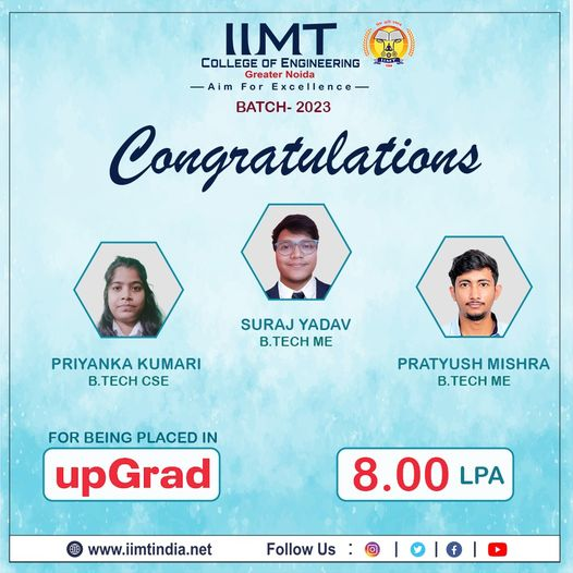 iimtnoida's tweet photo. #congratulate to our Students of B. Tech ME/CSE, Batch - 2023 for being #placed in 'upGrad' with a package of 8.00 PLA.
https://t.co/UOh7RIbr6l
Call Us: 9520886860
#Placement #CampusPlacement #IIMTIndia #IIMTian #BTechPlacements #BtechCS #AdmissionOpen2023_24 https://t.co/SejnSGG0aw