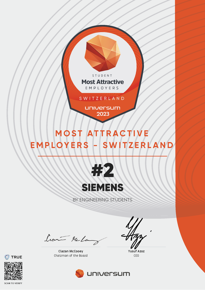Danke an alle Engineering-Studierende an den Schweizer Hochschulen, die Siemens Schweiz im aktuellen Universumsranking auf Platz 2 der attraktivsten Arbeitgeber in der Schweiz gewählt haben. Create a better #TomorrowWithUs