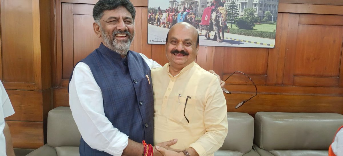 All smiles... @DKShivakumar & @BSBommai after a firecly fought #KarnatakaElections2023