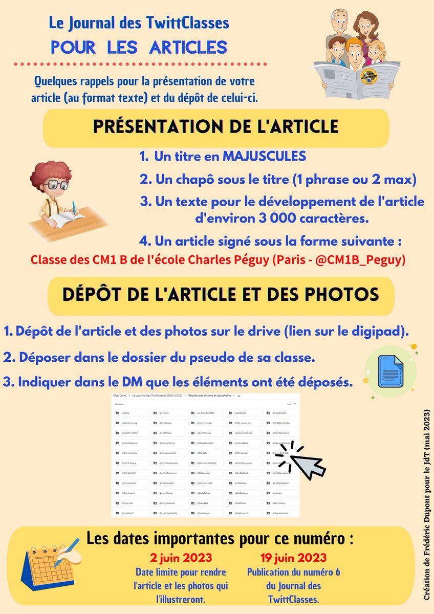 Bonne rédaction à tous les élèves des classes qui participent au 6e numéro du Journal des TwittClasses. #JdT2023🗞️

Quelques petits rappels ci-dessous pour une belle rédaction et une belle présentation de votre article ! ⤵️

📅Le journal sera publié le lundi 19 juin prochain !