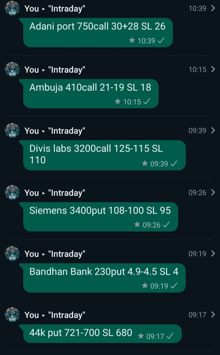 'intraday options trades package'
#adaniports call 50%
#ambuja call 70%
#DIVISLAB call 50% 3100* typo
#siemens put 40%
#bandhanbank put 35%
#BankNiftyOptions put 15% June monthly...

In first hour ✌️