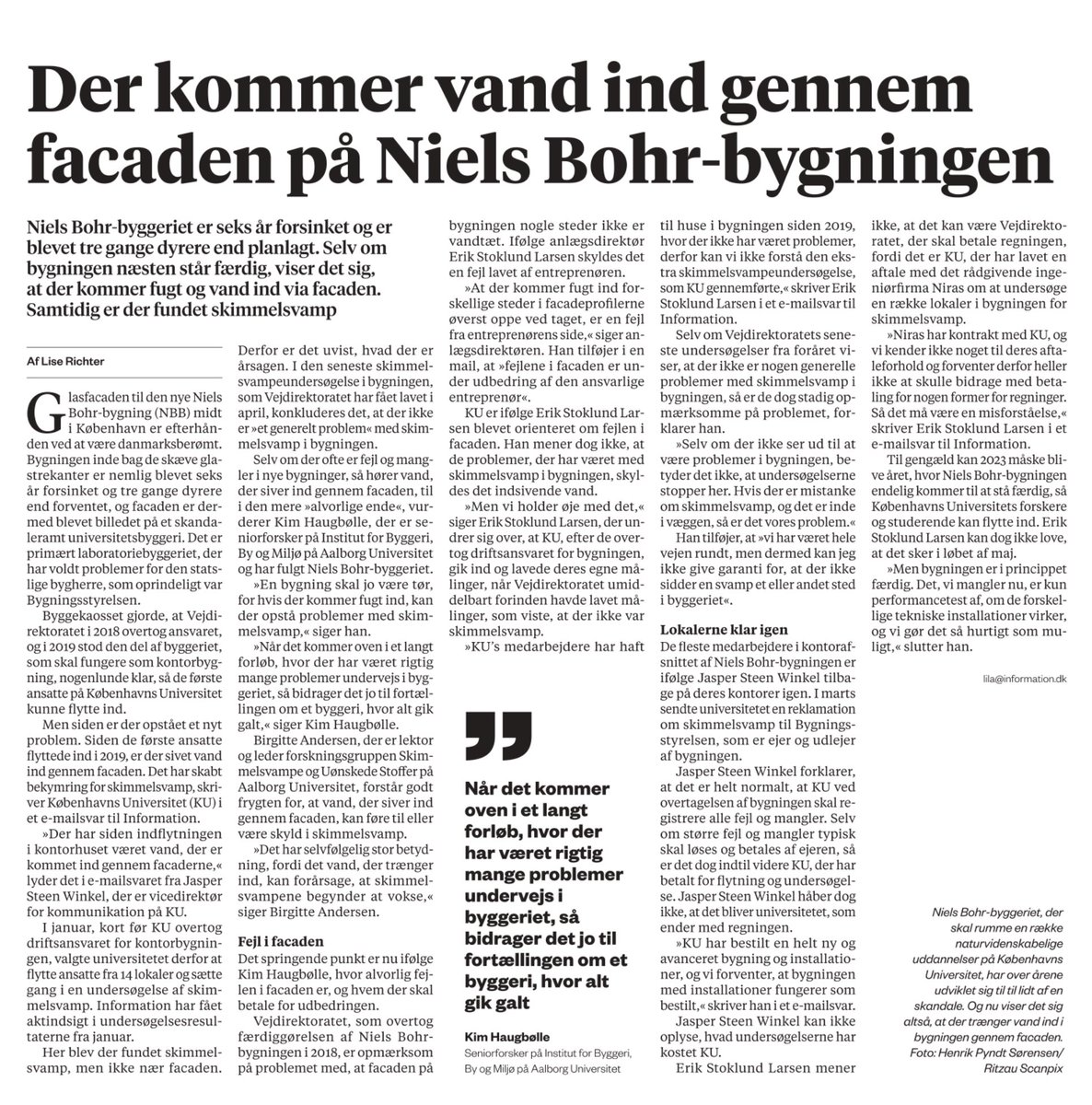 💦 Det regner ind i den helt nye Niels Bohr-bygning ved Jagtvej, som staten stadig bygger på for @koebenhavns_uni, skriver @informeren. @Vejdirektoratet er ved at udbedre 🚧🦺. #dkbyg #dkpol #forskpol #uddpol