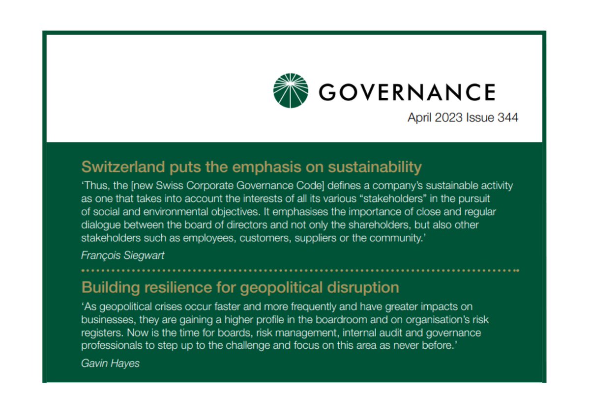 Governance (@_governance) on Twitter photo Out now <a href="/_governance/">Governance</a> #344 features:
🔹Switzerland puts the emphasis on sustainability: Francois Siegwart
🔹Early signs from the 2023 AGM season: John Britton
Log in for all this & more here:
ow.ly/vvkb50O4ehE
#Governance #sustainability #AGM #corpgov Out now <a href="/_governance/">Governance</a> #344 features:
🔹Switzerland puts the emphasis on sustainability: Francois Siegwart
🔹Early signs from the 2023 AGM season: John Britton
Log in for all this & more here:
ow.ly/vvkb50O4ehE
#Governance #sustainability #AGM #corpgov