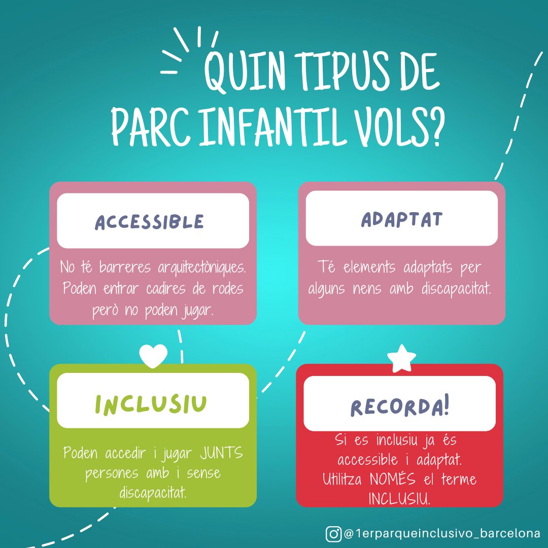 ana_mourelo's tweet photo. Després de un diumenge explicant als haters qué és un #ParcInclusiu i xq són tan necessaris, no puc començar la setmana d'una altra manera si no és fent la meva tasca de #ConciensciacióParcsInclusius
Recordem qué és un PARC INCLUSIU 😉 https://t.co/TtRQHxMWQE