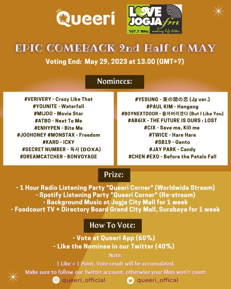 queeri_official's tweet photo. EPIC COMEBACK 2nd Half of MAY📀🎶
End: May 29, 2023 at 13.00 (GMT+7) Jakarta Time
🏆
- 1 Hour Radio Listening Party "Queeri Corner" (WW Stream)
- Spotify Listening Party (Re-stream)
- Album Played at Jogja City Mall BGM
- Foodcourt TV & Directory Board Grand City Mall,Surabaya https://t.co/LOEQJIIZow