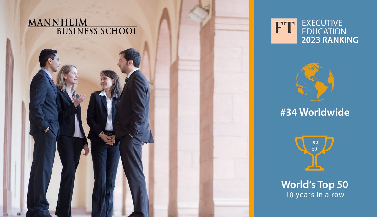 Exciting news! Mannheim Business School is ranked 34th worldwide in the @FinancialTimes ranking for customized programs. Compared to 2022, we have climbed 7 places and are ranked among the top 50 for the 10th time in a row.   #mannheimerforlife #mannheimbusinessschool