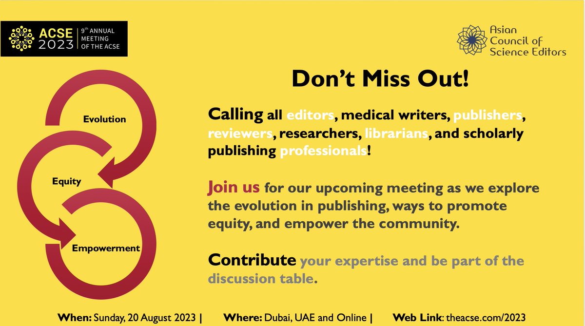 the_acse's tweet photo. 9th ACSE Annual Meeting: Embrace Evolution, Equity, Empowerment! 

Don't forget to reserver your seat and register at your earliest at https://t.co/HW2abc5hiP

#academictwitter #ScholarlyPublishing #EvolutionInPublishing #EquityInPublishing #IndustryProgress #KnowledgeSharing https://t.co/9u2W88IYDB