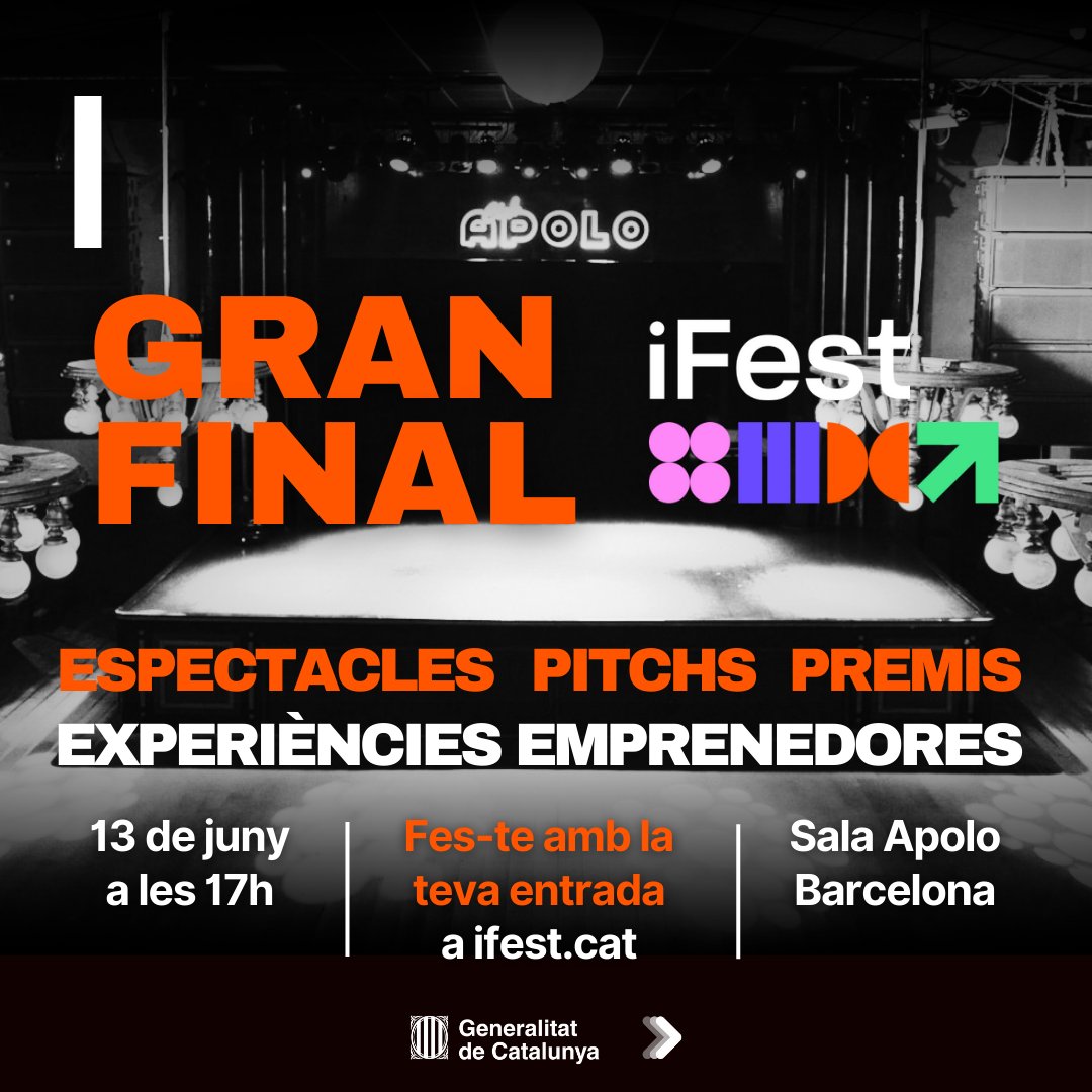 ⚡️Arriba la FINAL de l'#iFestcat Challenge Competition!

🗣️Els pitchs dels finalistes, premis, espectacles i experiències d'#emprenedoria!

🎟️Aconsegueix ja la teva entrada gratuïta!
🔗ifest2023.eventbrite.es

🗓️ 13 juny / 17h
📍Sala Apolo (Barcelona)

👏Thi esperem!

<a href="/gencat/">Generalitat de Catalunya</a>