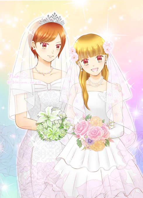 あなそば⑥の表紙のイラストが、やっと出来ました ずっと描きたかった、かれんと純奈のダブル花嫁  あまり変わってないけど、20代半ば頃の2人です こうなるには沢山の壁を乗り越えないといけないけど、2人で力を合わせて"良い婦婦"になって欲しい #創作百合