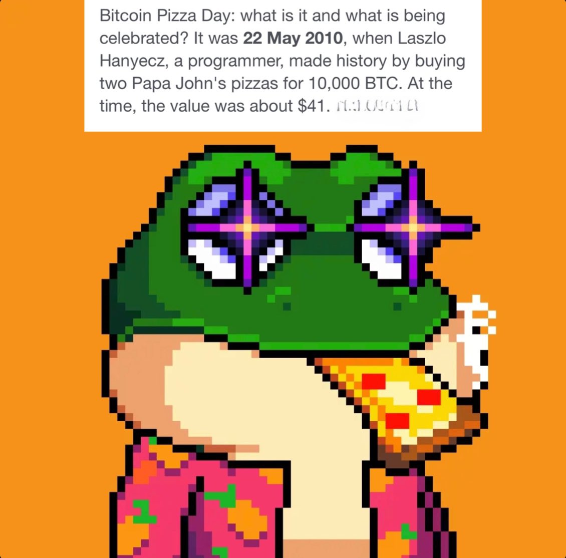 BankofNFTs's tweet photo. Today I eat pizza 🍕 🍕 Ribbit! 🐸🟧
@BitcoinFrogs #OrdinalsBTC https://t.co/XUmWkpBFaX