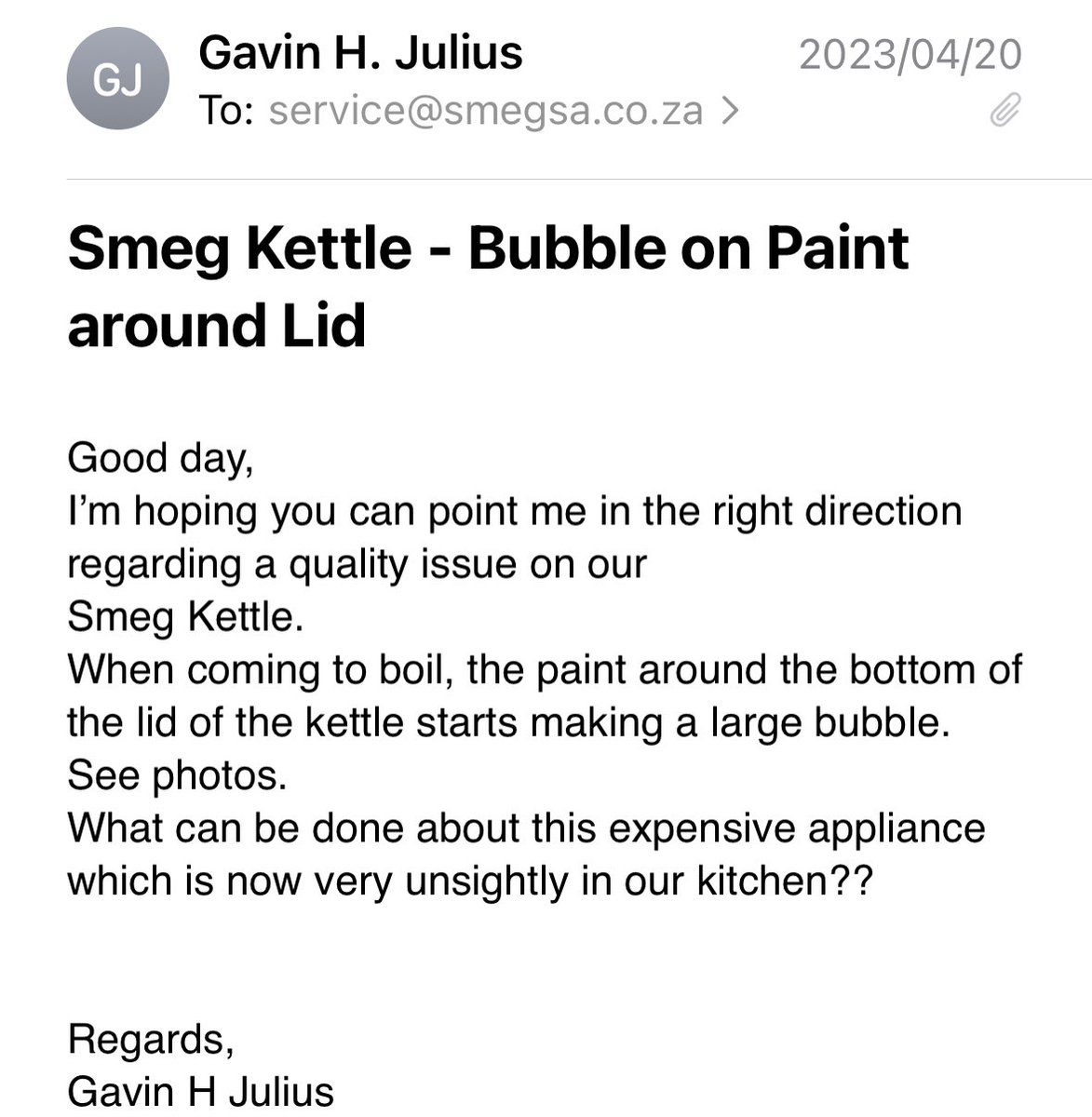 gavinhjulius's tweet photo. @smegsouthafrica it seems that 32 days is enough time for me to expect at least a response, not even a “fcuk you”, just nothing… and do not for one minute ask me to resend this email. https://t.co/ez4QzGnNXu