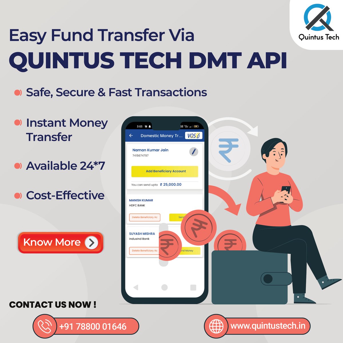 Quintus_Tech's tweet image. Say goodbye to hassles and hello to seamless and efficient money transfers with QUINTUS TECH, the trusted DMT API service provider company. Our secure platform ensures safe transactions, instant transfers, and round-the-clock availability. 
#DMTPortal #DMTAPI #API #DMT #Fintech