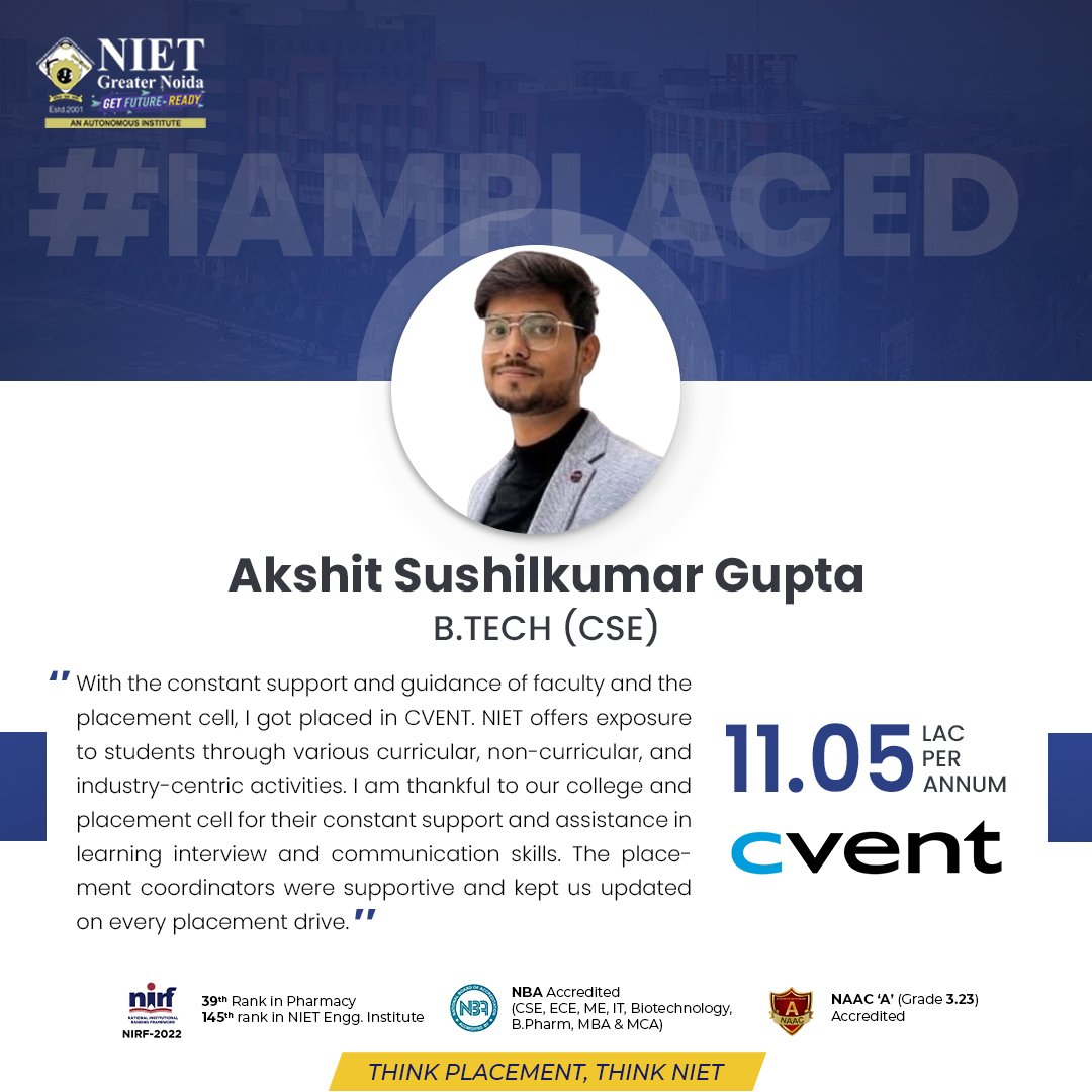 Here's what our students have to say about their journey at NIET.
.
.
#niet #ThinkPlacementThinkNiet #placed #placement #cvent #computerscienceengineering #BTech #CSE #engineers #Congratulations  #bestwishes #placements2023 #career #AKTU #AICTE #NBA #students #ThinkNIETThinkAhead