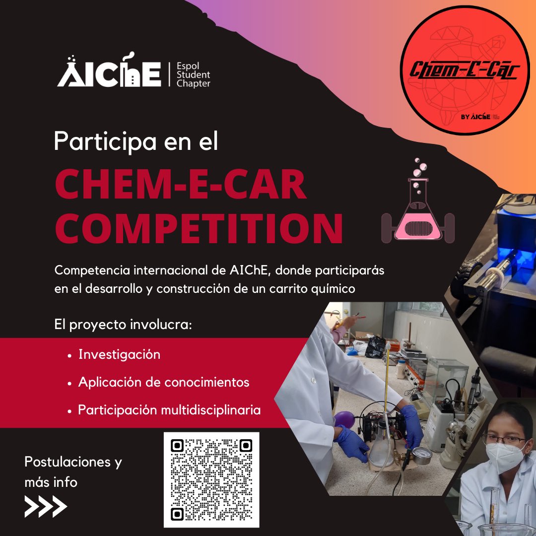 AIChE_ESPOL's tweet photo. ¿Quieres formar parte del Chem-E-Car? 🏎️🧪

Descubre tu potencial y únete a nuestro equipo. 🏆

¡Las postulaciones están abiertas! 📋
Link in bio 🔝

#chemistry #aiche #aichespol🐢 #science #espol #adnespol https://t.co/Es4ZudJK5u