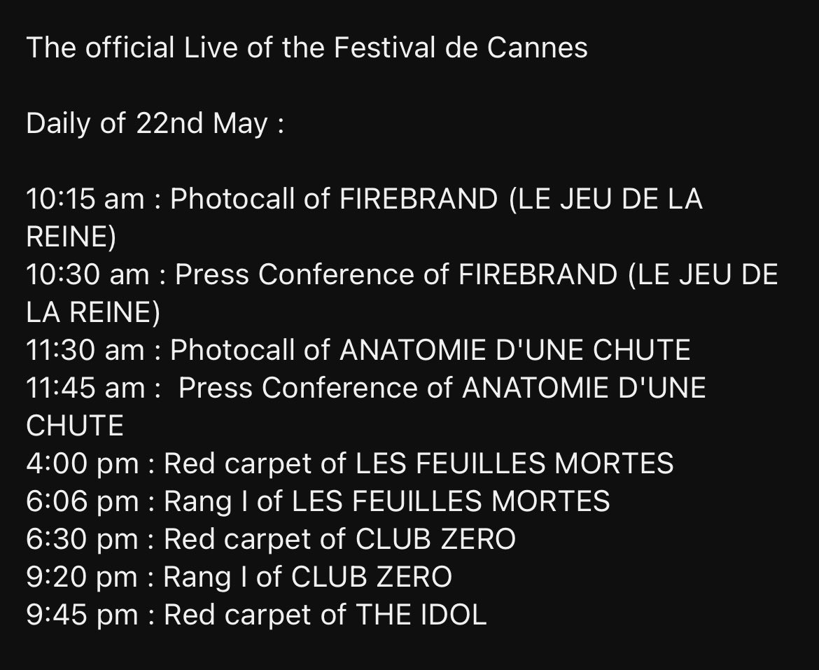 This is the Festival de Cannes program of the day. We still don’t know which film Taehyung is going to attend so let’s be ready 

🇫🇷 voici la programmation du jour du festival de Cannes. Nous ne savons pas encore pour quel film Tae sera présent donc restons attentifs 🙂