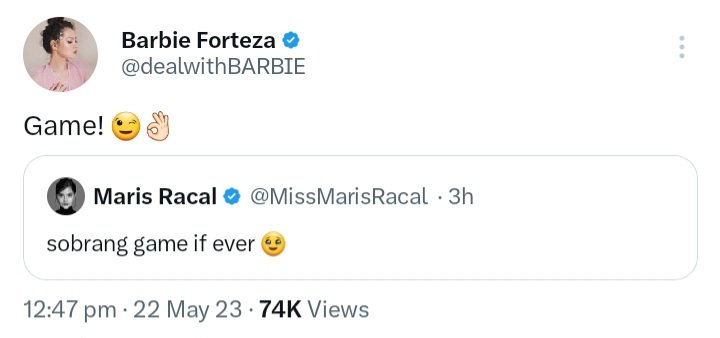 Maris Racal as one of your faves, Barbie Forteza na once you mentioned you wanted to work with after watching her performance in Mariquina, parehong kaya magdala ng drama & comedy, Direk @tonetjadaone baka naman 🙈 

@dealwithBARBIE @MissMarisRacal @phtvandfilmupd
