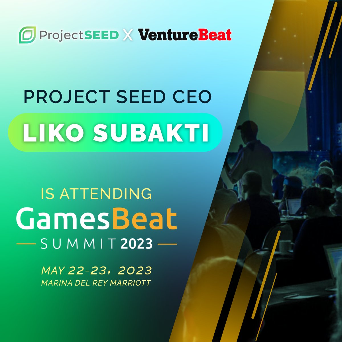 b_cosman's tweet photo. Exciting News! Our CEO, Liko Subakti, is attending Games Beat in Marina Del Rey on May 22nd. 
Games Beat brings together visionaries, innovators, and pioneers in the gaming industry. As a blockchain game developer, this event is crucial for us! 

#GamesBeat #BlockchainGaming #ProjectSEED #GamingConference @VentureBeat