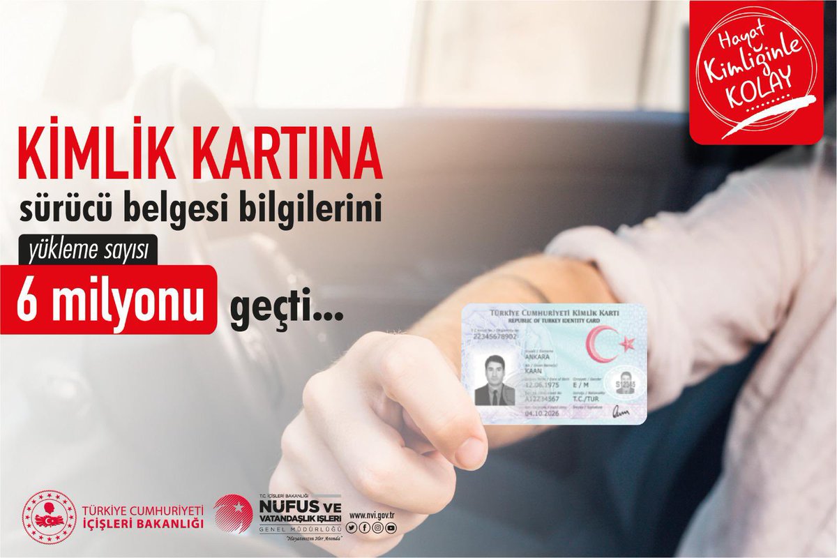 Sürücü belgenizi kimliğinize yüklediniz mi?
Kimlik ve sürücü belgeniz tek kartta.. 
Hayat Kimliğinle Kolay projemiz ile;

Kimlik kartına sürücü belge bilgisini yükleme sayısı 6 milyonu aştı❗
Hem de ücretsiz. 
Yeni haftaya Bismillah.. <a href="/TCNufus/">Nüfus ve Vatandaşlık İşleri Genel Müdürlüğü</a> #HayatınıxınHerAnında