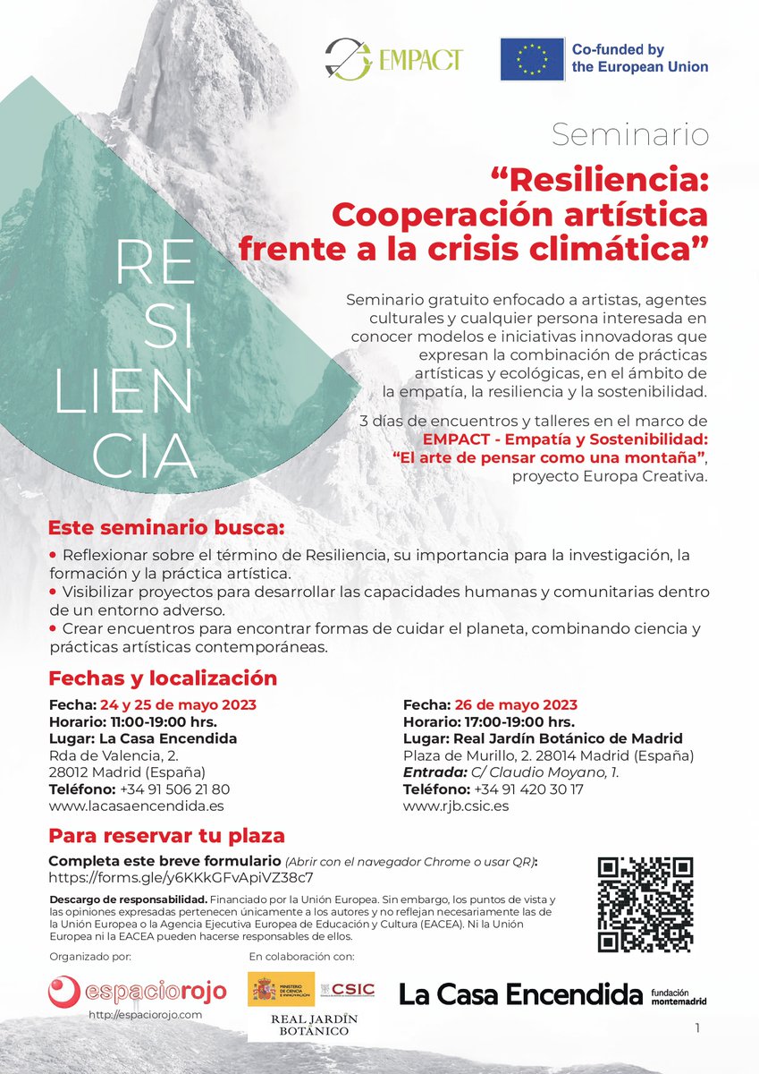 ReaccRed's tweet photo. ¿Ya te inscribiste? 

📌🌱#Resilencia "Cooperación artística frente a la crisis climática" organizado por @espaciorojo #REACC 

3 días de encuentro en el marco de #EMPACT Empatía y Sostenibilidad "El arte de pensar como una montaña" de @EUCreativa_ES 

➡️https://t.co/LNzNtGWOh2 https://t.co/EbNFz4zzO1