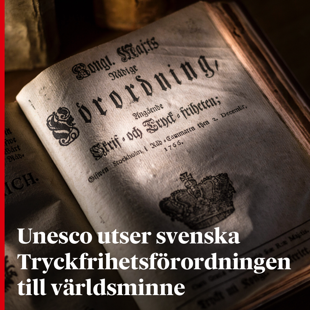 Unesco utser svenska Tryckfrihetsförordningen till världsminne.
dn.se/kultur/unesco-…