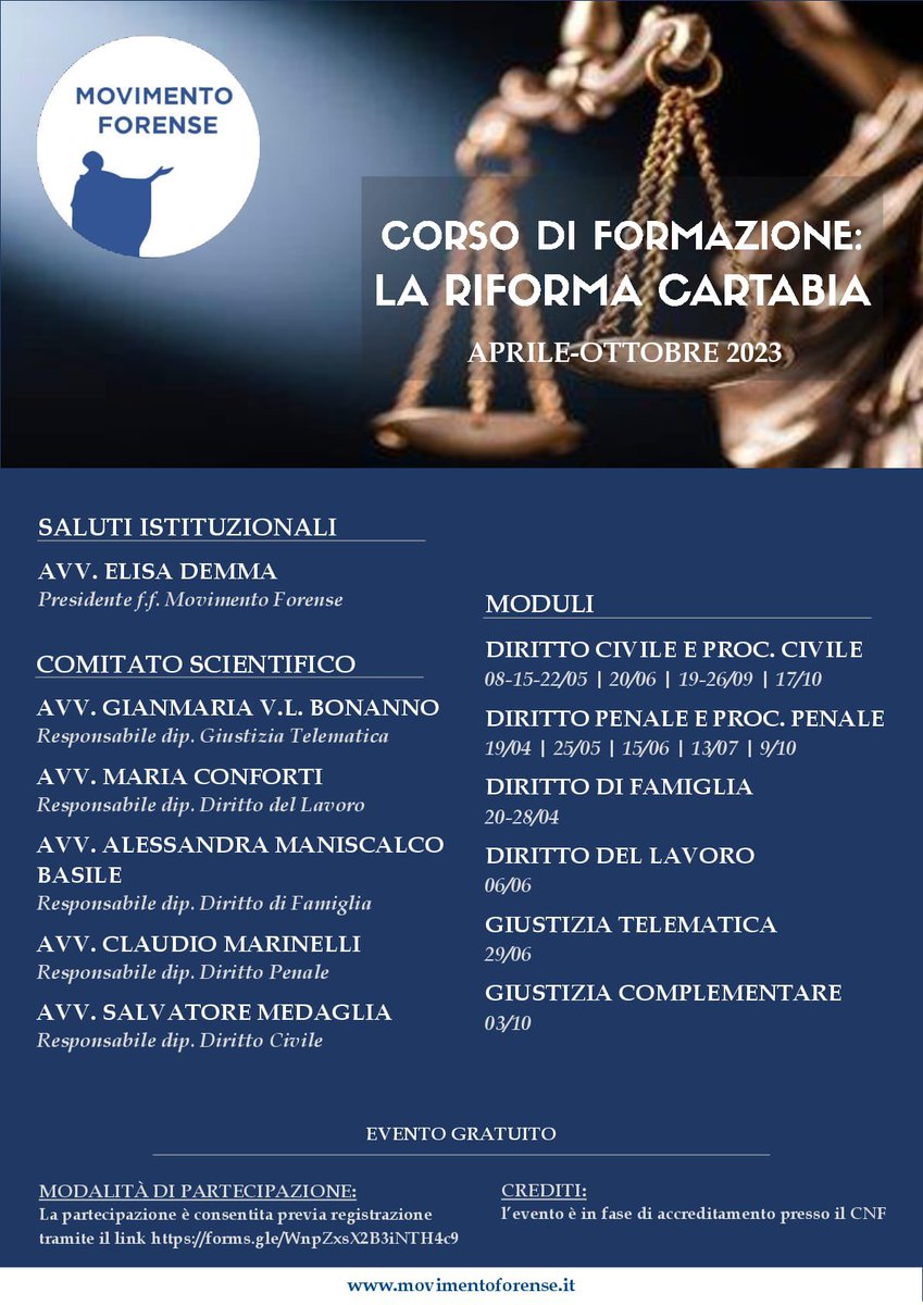 Movimento Forense #corso #formazione #riformaCartabia #webinar 🚨🚨🚨OGGI🚨🚨🚨 “modulo civile” 
per iscrizioni:
forms.gle/WnpZxsX2B3iNTH… <a href="/alalumia/">Nino La Lumia</a> <a href="/MCesali/">Massimiliano Cesali</a> <a href="/marichiruzza/">Maria Chiara Ruzza</a> <a href="/radiotribunale/">RadioTribunale</a>