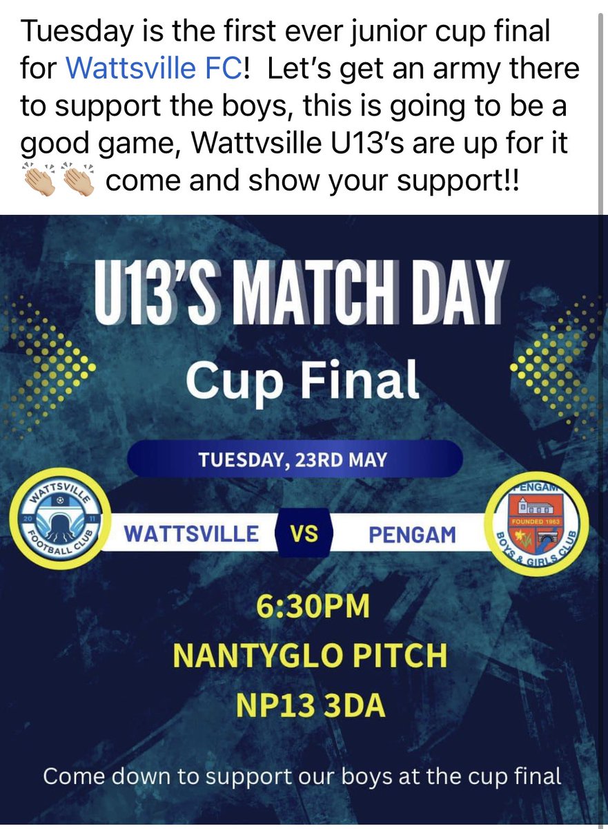 Amazing achievement!  Well done to Ashton and the boys 💪🏼 what a final it’s gonna be tomorrow 🏆 come on Wattsville 🎉

#uppawattsville #cupfinal #under13sfootball @IslwynHigh @IslwynHighSport 
@WattsvilleFC