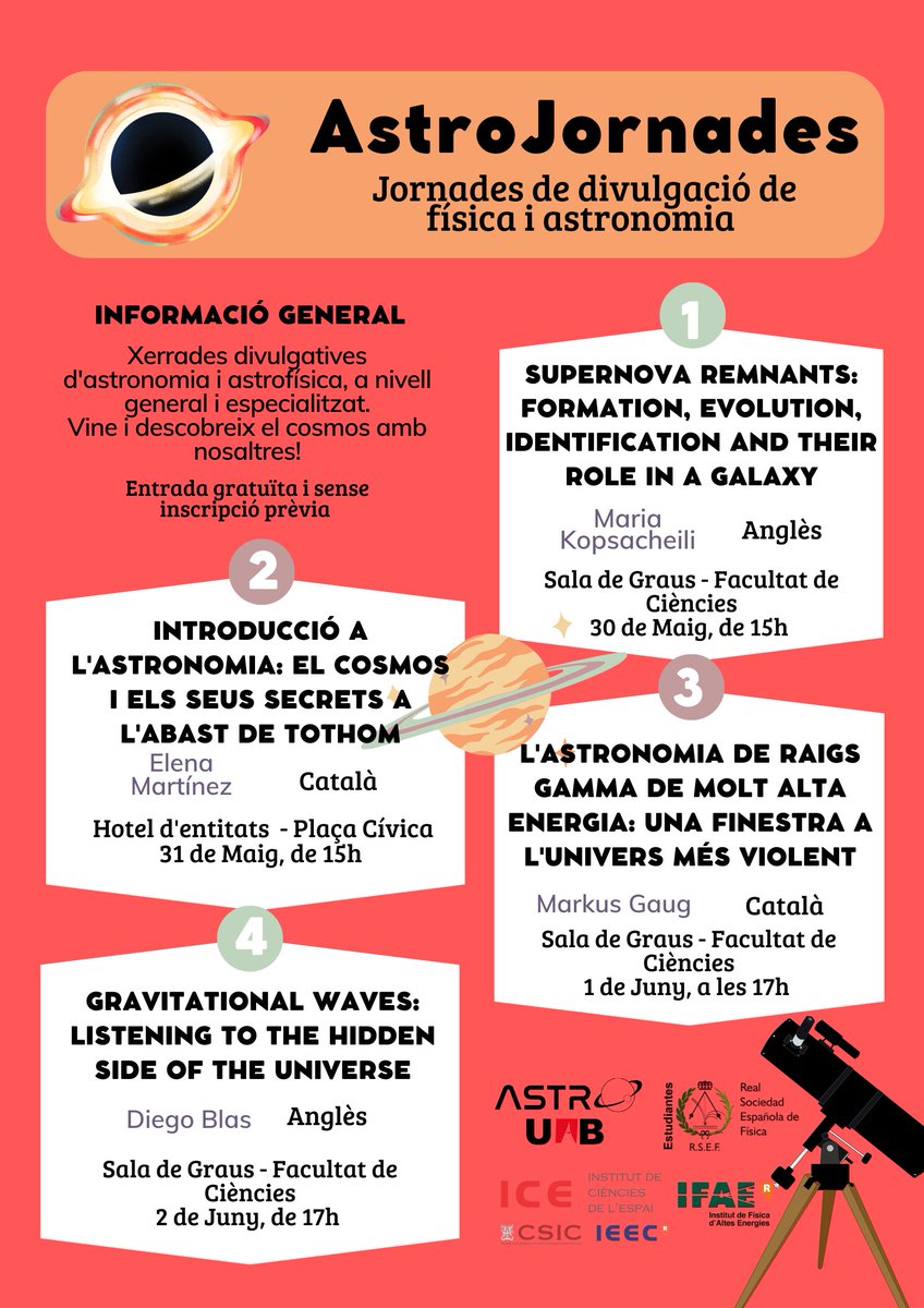 Arriben les AstroJornades! ✨🪐
Quatre dies de xerrades d'astronomia i astrofísica amb uns conferenciants molt interessants!