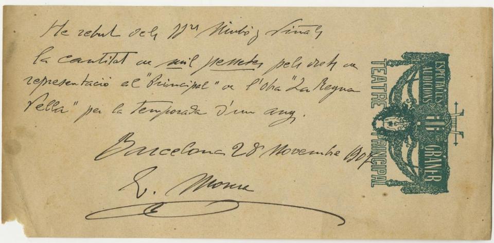 cdmae_it's tweet image. #Taldiacomavui de 1865 neix el músic i compositor català #EnricMorera.

El recordem com a compositor de La reina vella, de #Guimerà, estrenada el 16 gener 1908 al Principal, amb el rebut original que signà pels drets de la representació al teatre.

📸Autors i responsables estrena